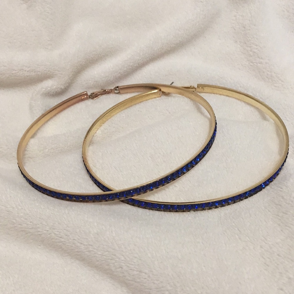 Blue gem stones gold hooped earrings 3 and half in